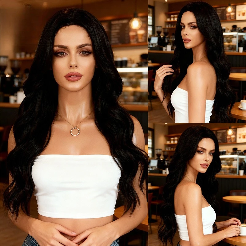 

26inch Heat Resistant Synthetic Hair Wig Middle Part Bangs Long Black Straight Hair for Women
