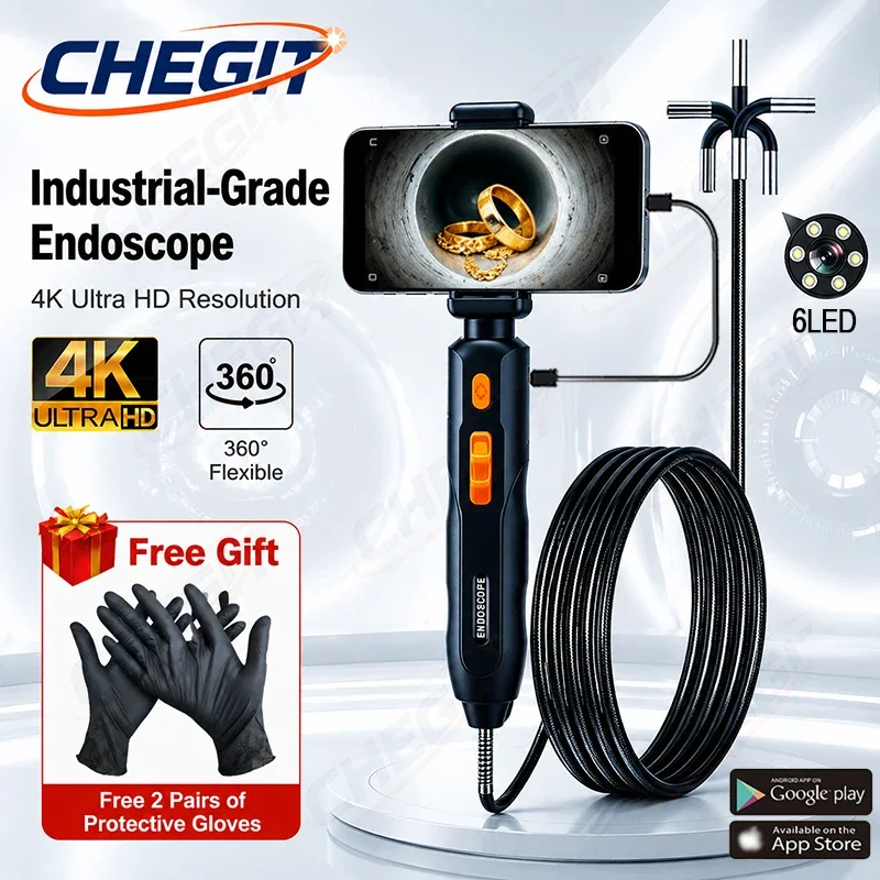 4K UHD Inspection Borescope Camera 360° Articulating Borescope Endoscope Camera IP67 For Android/iOS Phone Home Use