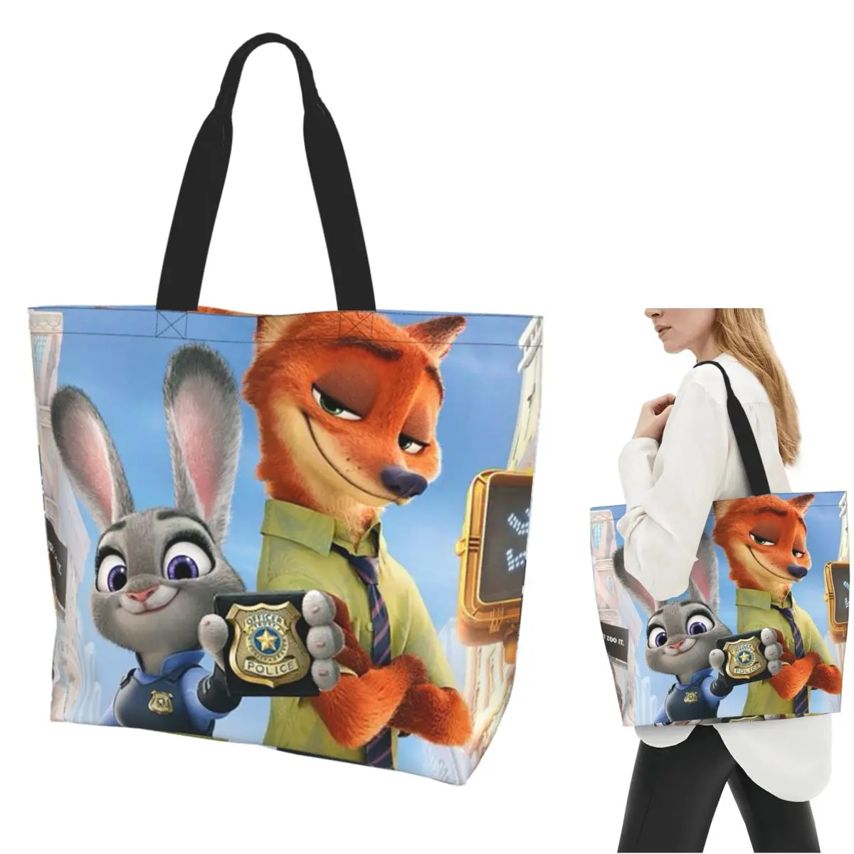 

Cartoon Zootopia 2 Shopping Tote Bag Canvas Large Capacity Shoulder Bags Shopper Grocery Handbag for Women