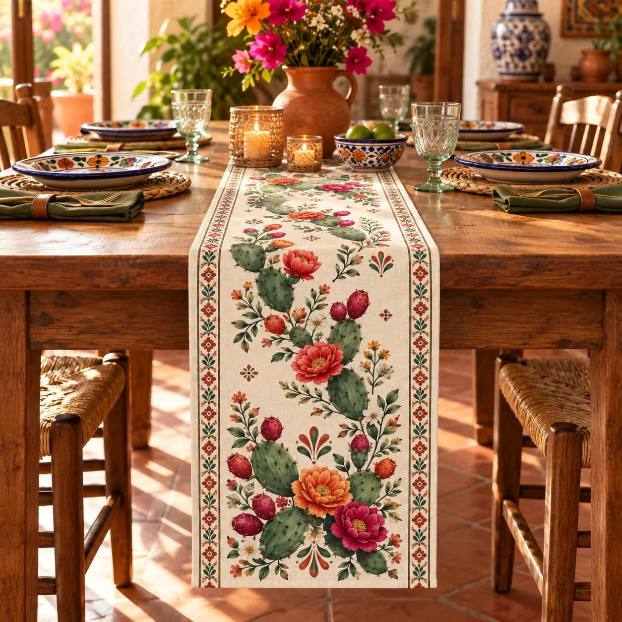 Mexican Cactus Floral Table Runner Southwestern Desert Botanical Dining Table Decor Farmhouse Kitchen Party Decoration