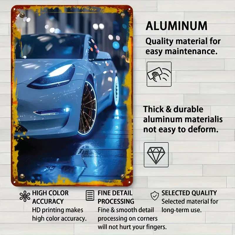 تسلا نموذج 3 ليلة النار علامات معدنية سيارة ملصق جدار الديكور غرفة مخصص صفيح تسجيل ل جدار الفن الديكور الرجعية ديكور #4