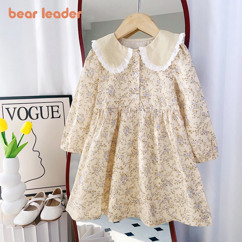 Bear Leader Baby Girls Flower Dresses 3-7 Years Spring Autumn Flower Dresses Lace Turn-down Floral Girl Princess Dress