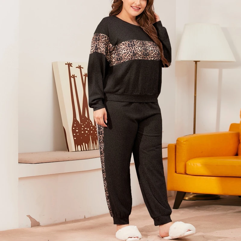 Krismile Plus Size Women's Pajama Sets Autumn Winter Flannel Leopard Print Knit Long Sleeve Top Pencil Pant Large Size Pajamas