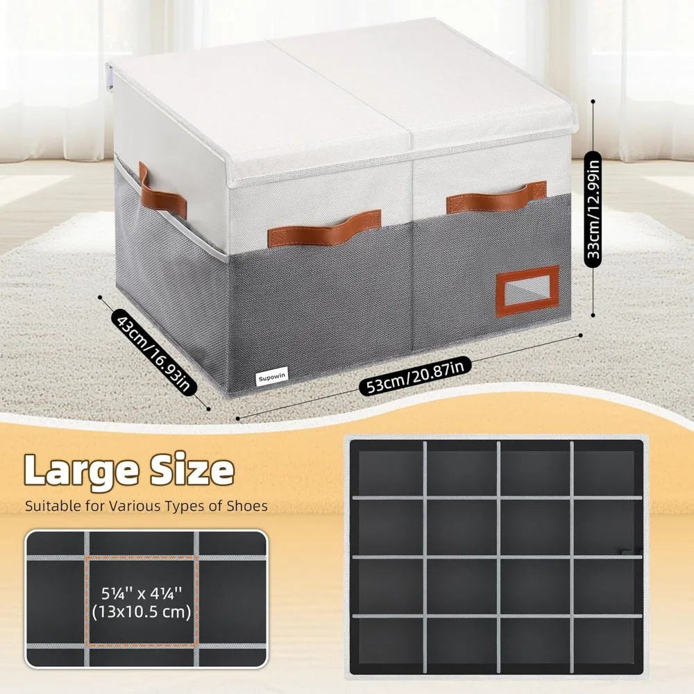Organizador de zapatos para armario, contenedores de almacenamiento de zapatos plegables con tapa y divisores ajustables, almacenamiento de caja de zapatos de tela