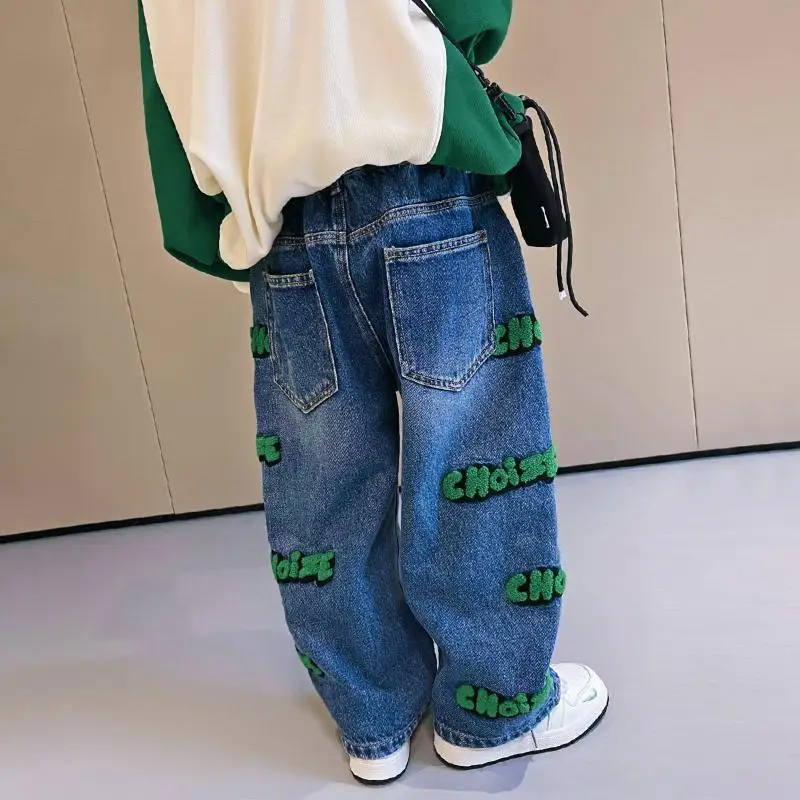 Boys' Pants 2022 Autumn Jeans Children's Towel Embroidery Letters Washed Straight-Leg Pants