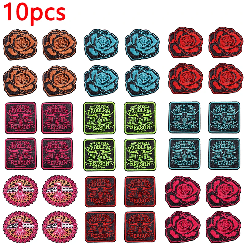 10PCS Western Cowboy Rose/Bull Embroidered Patches DIY Western Patch Iron On Patches For Clothing Letter Slogan Patch Backpack