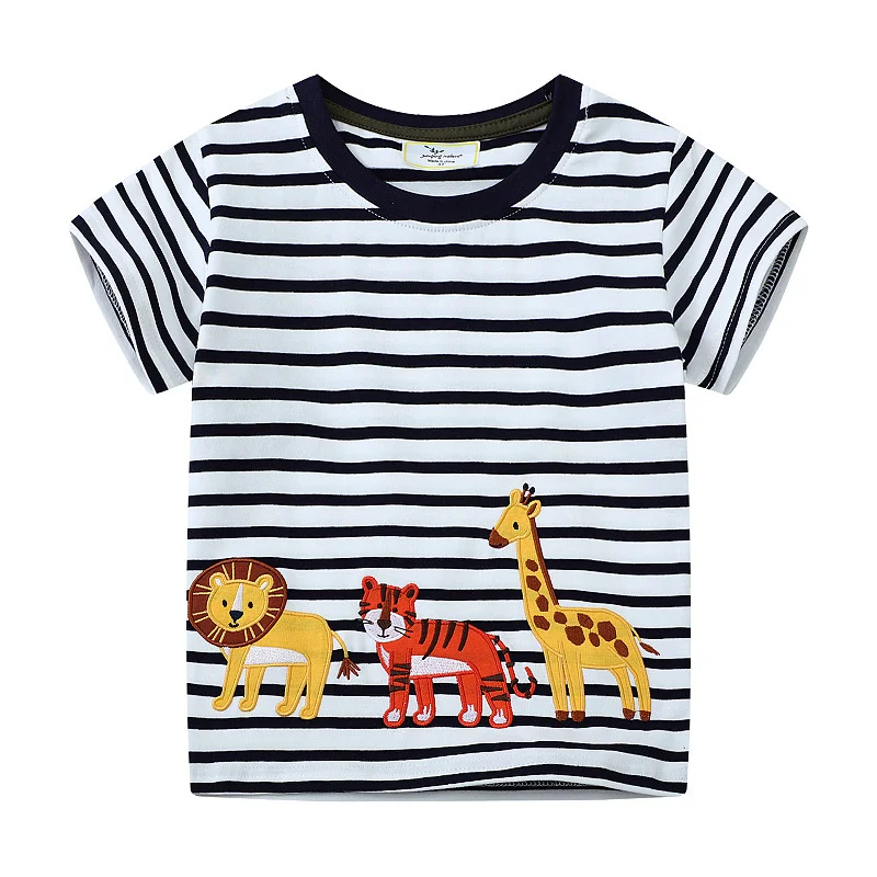 Jumping Meters 2-7T 100% Cotton Animals Embroidery Summer Boys Girls Tees Cartoon Print Kids Tops  Fashion Baby Clothes