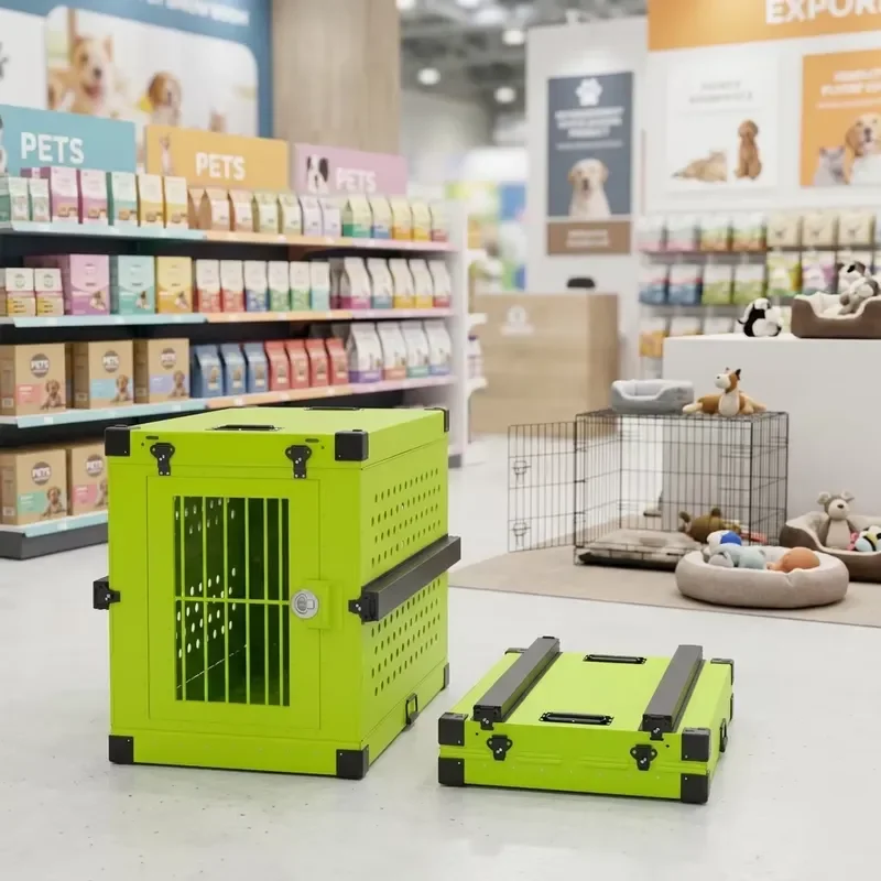 Wholesale Aluminum Dog Crate Wheeled Foldable Collapsible Portable Travel Rolling Pet Cage Heavy Kennel Stackable