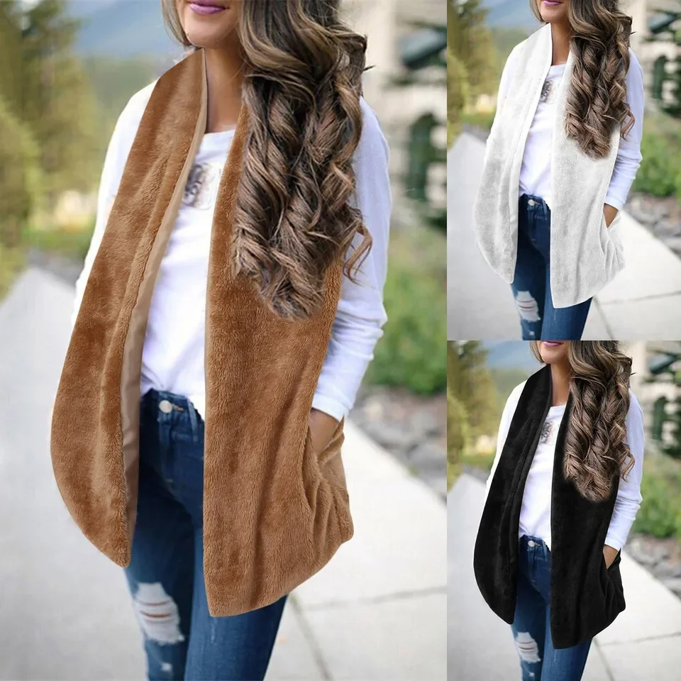 Womens Fleece Outwear Vests Sleeveless Faux Furry Fall Winter Warm Coat With Two Pockets Warm Sleeveless Top Versatile Jackets
