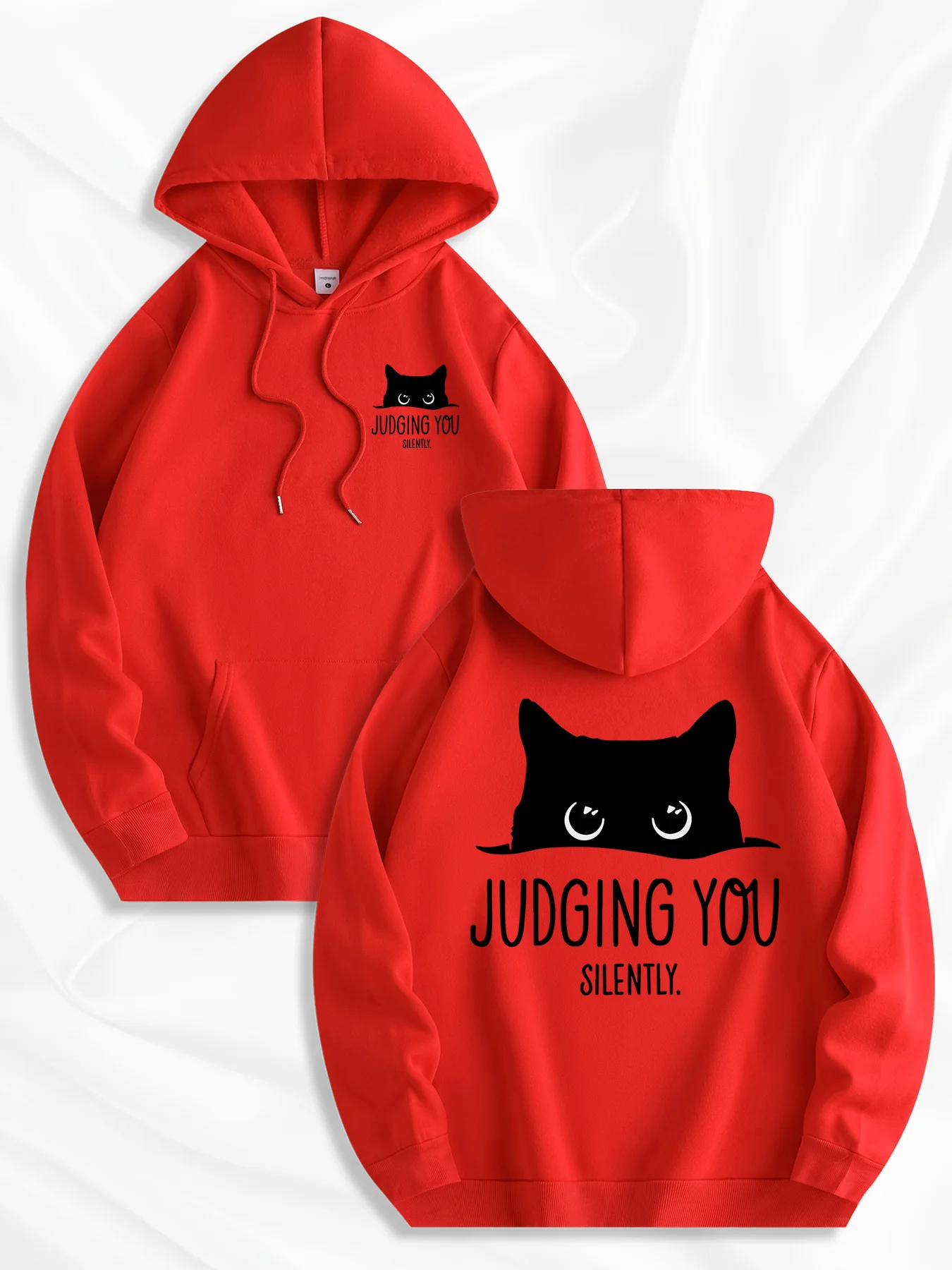Herren Oversized Pullover Hoodie mit lustigem Slogan „Schwarze Katze beurteilt dich still“ – Grafik, locker geschnitten, Streetwear, Fleece-Sweatshirt, Herbst – Detail 4