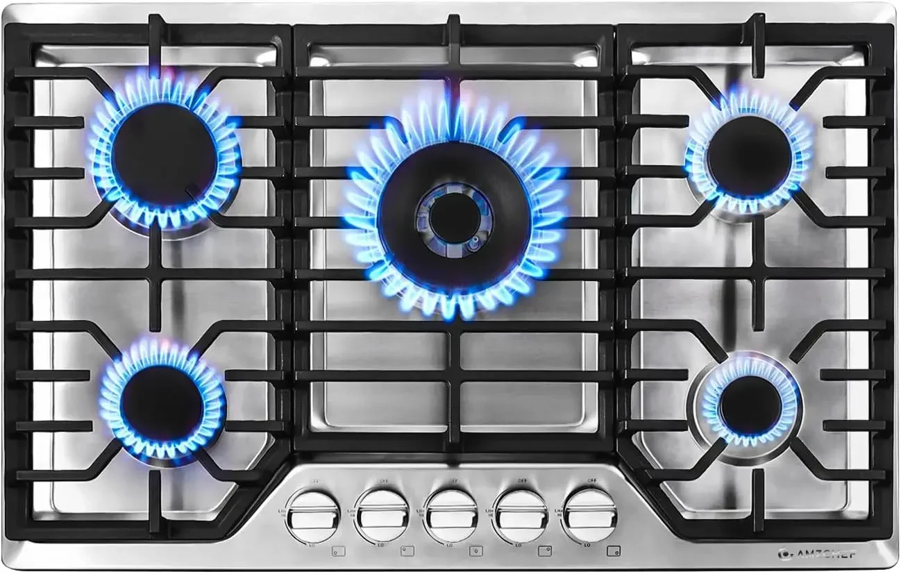 30 inch Gas Cooktop with 5 Made in Italy SABAF Power Burners.Max 48,300 BTU/hr Built-in Gas Stove top of 304 Stainless steel,NG/