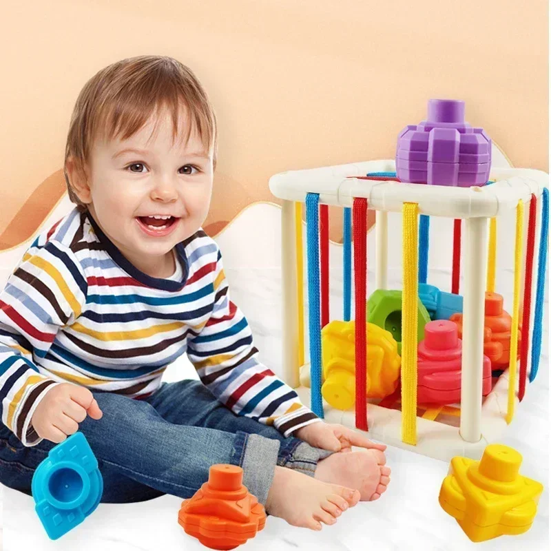 Elastic Band Shape Sorting Cube Geometric Blocks Matching Hand Fine Motor Training Montessori Early Learning Indoor Operation