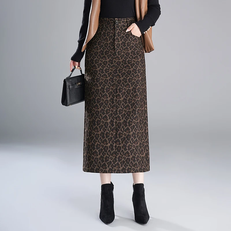 

Womens Autumn/Winter Black/Leopard Pencil Skirt Fashion High Waist Ladies S M L XL XXL 3XL Size Female Mid-Calf Skirt