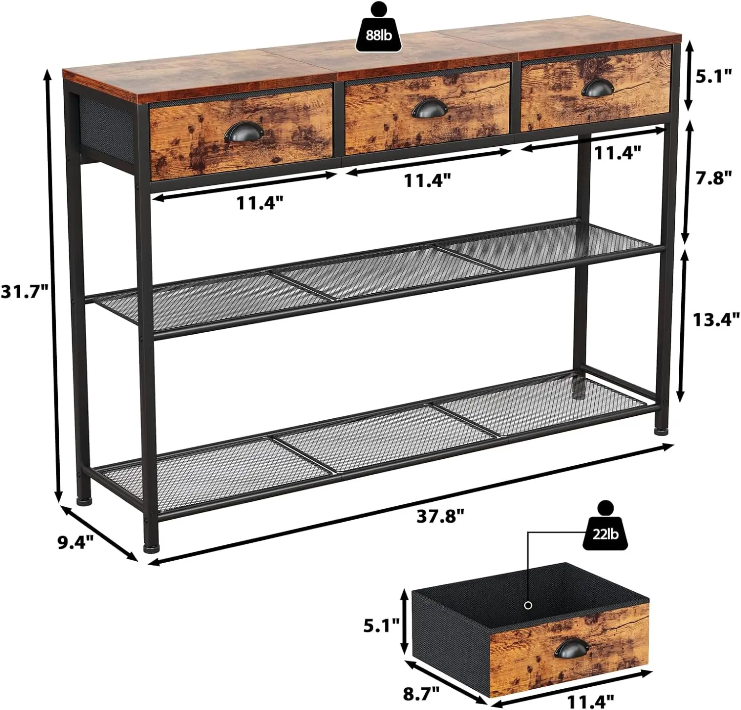 Table d'entrée industrielle avec étagères de rangement, présentoir pour salon, couloir, entrée, foyer, marron rustique