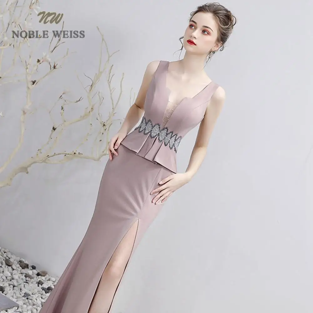 Sexy Prom Dress V-Neck Floor-Length Satin Beading Prom Dresses With Split Party Dress Customized