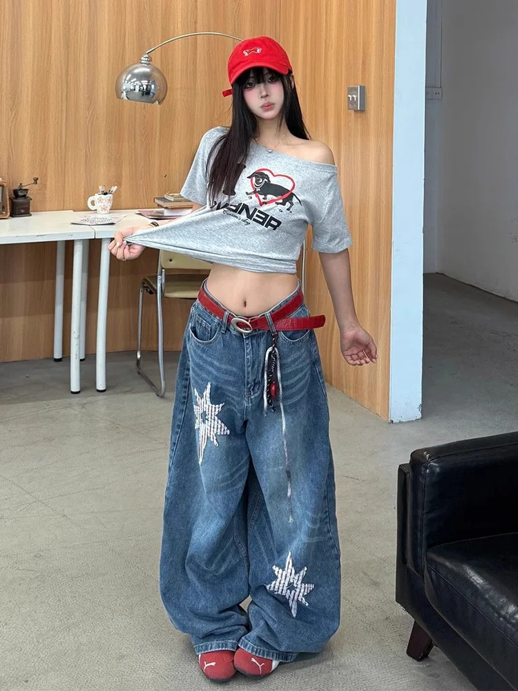 American Retro Star Embroidery Large Size Denim Pants Women's Loose Wide Leg Casual High Waist Knife Dragging Pants