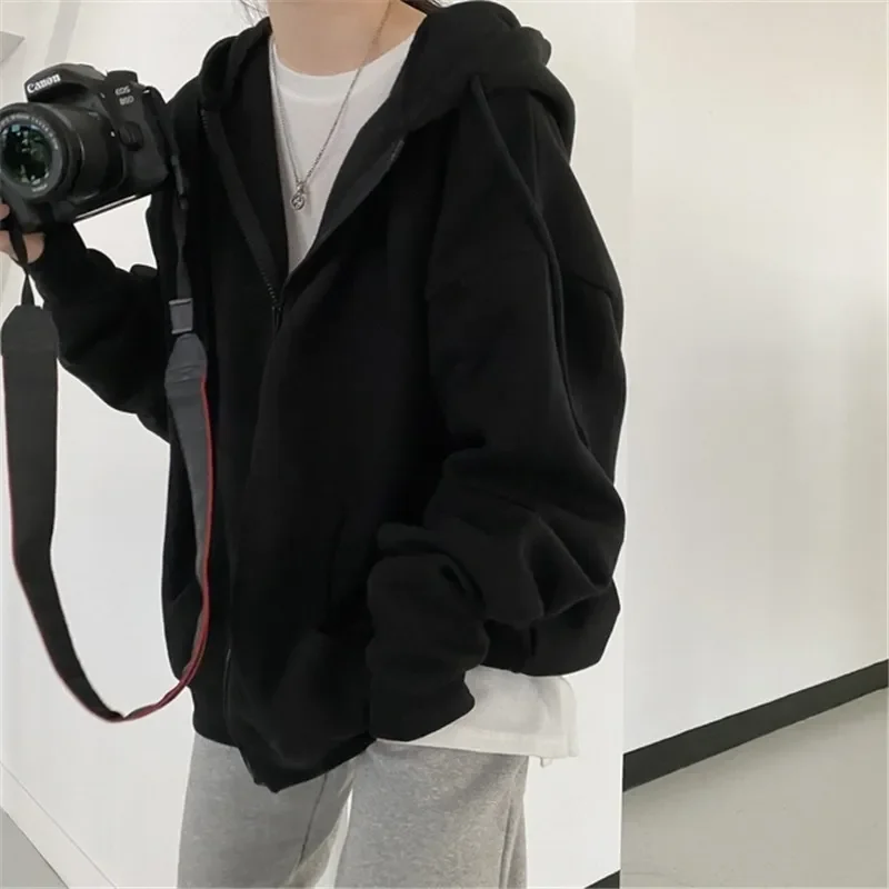 Women'S Solid Color Hoodies Autumn Winter Loose Hooded Jackets Coat Y2k Harajuku Zip Up Cardigan Casual Long Sleeve Sweatshirt