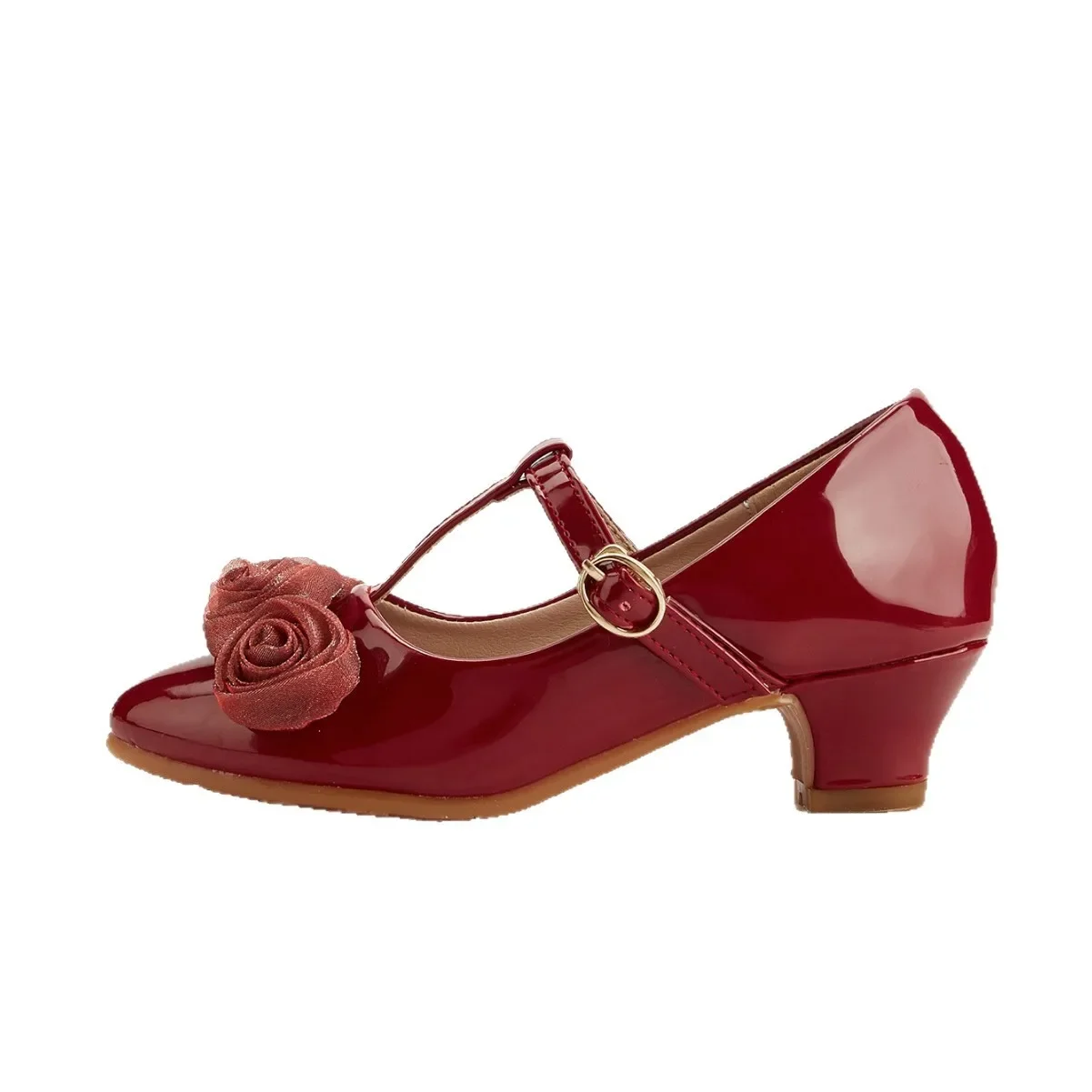 Spring Girls Rose Flower Princess High Heels Pointed Toe Leather Shoes Soft Sole Anti-slip Comfortable Fashion Party Footwear