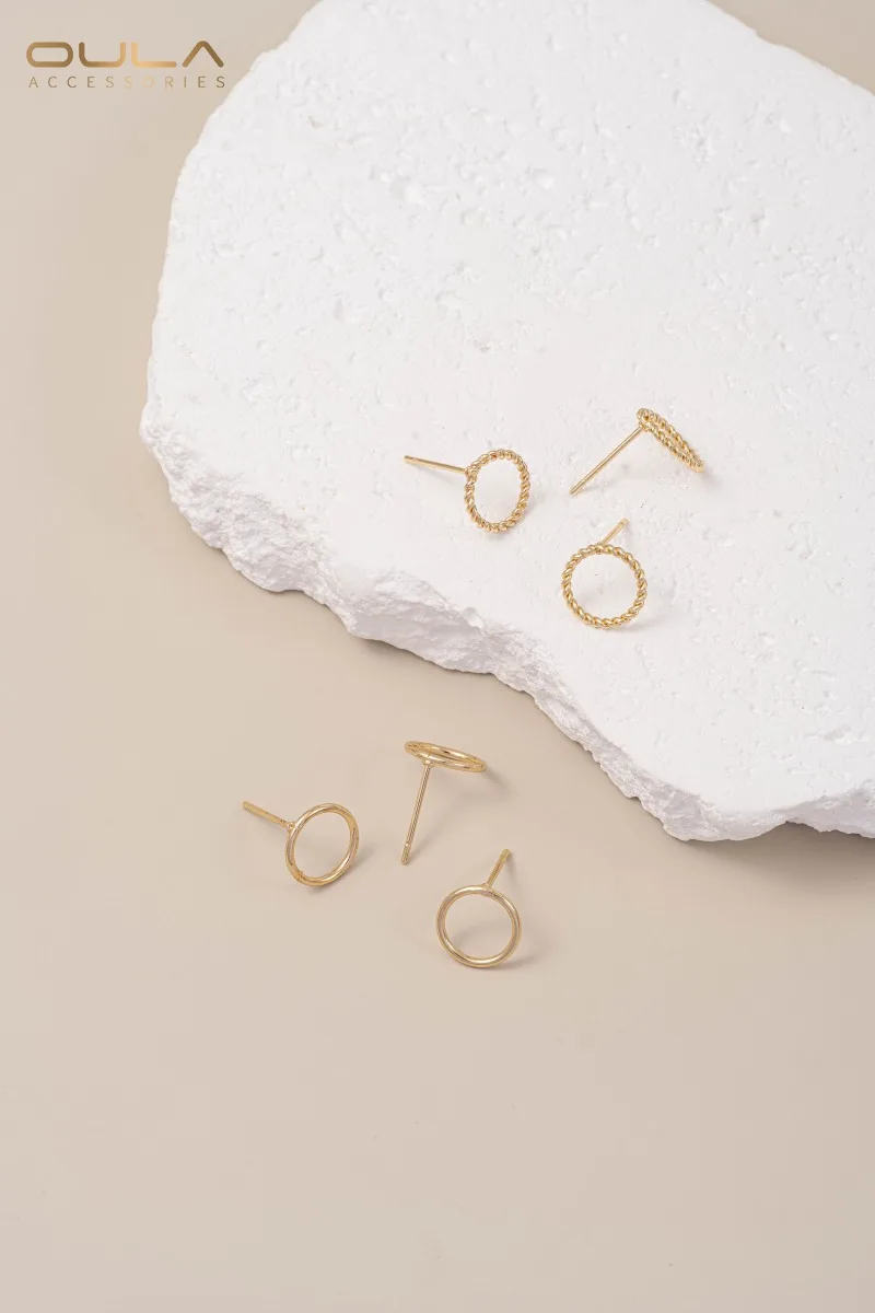 14K Gold Circular Ear Studs with Hemp Wreath Ear Needles Handcrafted DIY Handmade Circle Earrings Accessories
