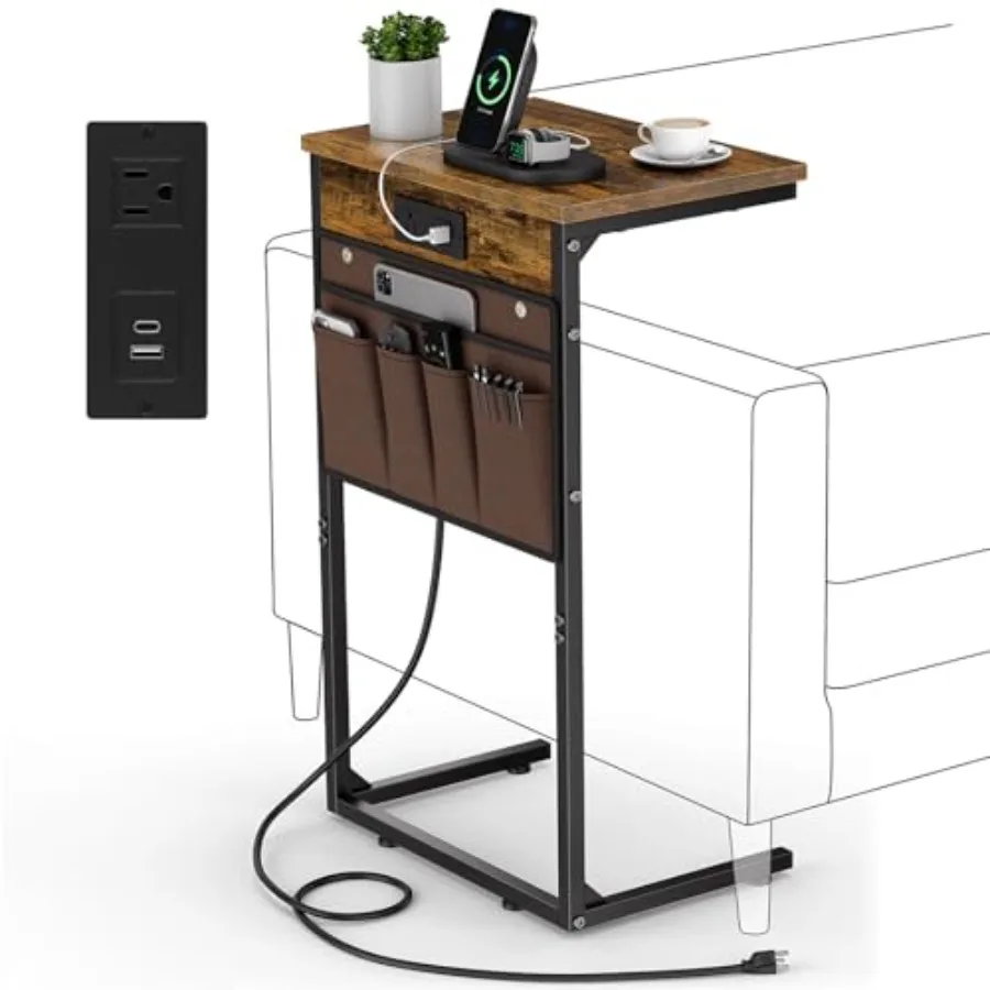 

Skinny C Shaped End Table with Charging Station Slim Side Table for Couch Sofa Table Beside Table for Small Spaces Slide Under