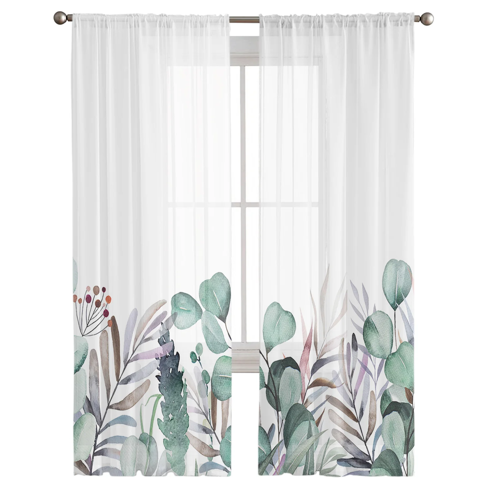 Pastoral Style Flowers And Eucalyptus Trees Sheer Curtains For Living Room Tulle Window Curtain Bedroom Kitchen Veil Drapes