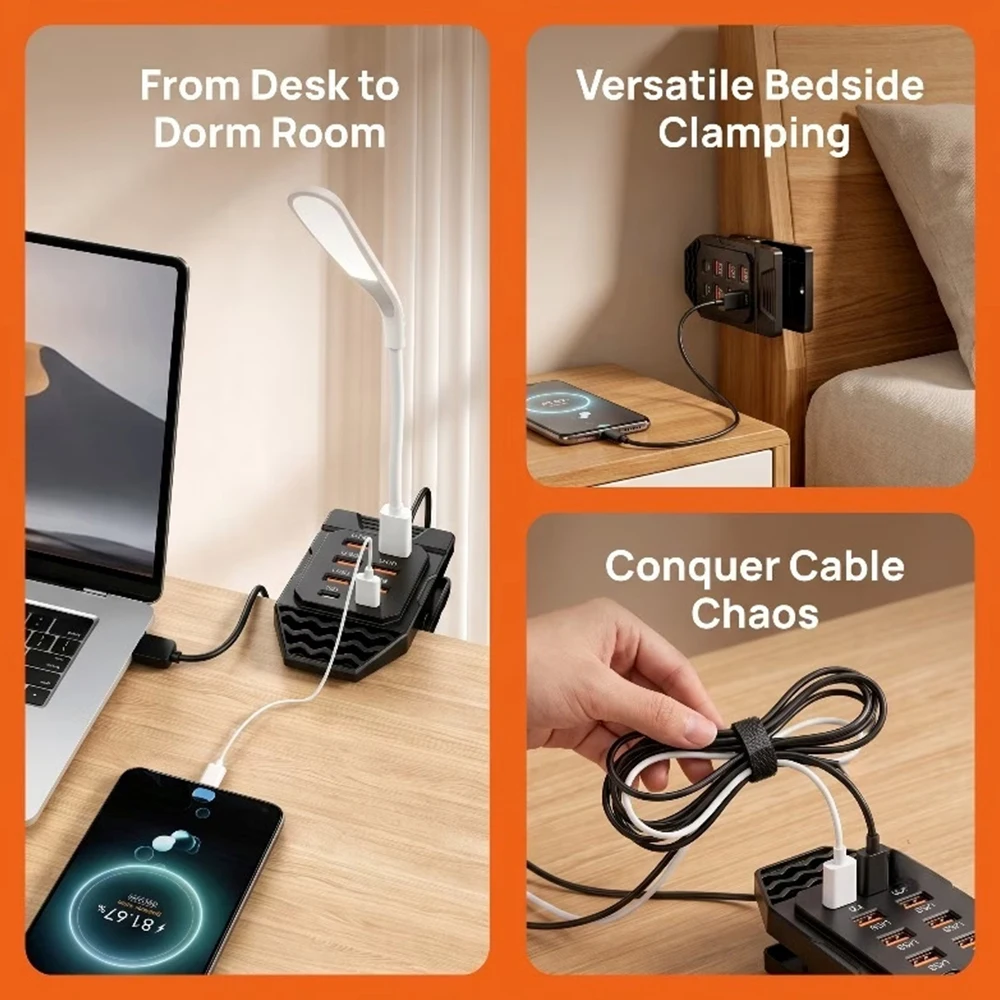 8-in-1 Desktop Clamp USB Charging Station 6 USB-A 2PD Type C Multi USB Hub Splitter Desktop Fast Charging Dock For Phones Tablet