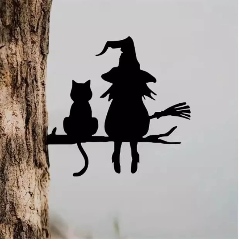 

Metal Silhouette Cute Witch and Cat Garden Stump Courtyard Art Decoration Stump Plugin Lawn Courtyard