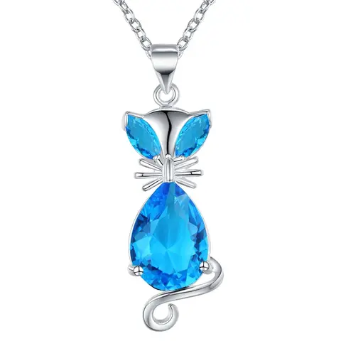 925 Sterling Silver For women lady fashion CZ Zircon wedding elegant kitten blue crystal chain 45cm cat Pendant charms Gift cute