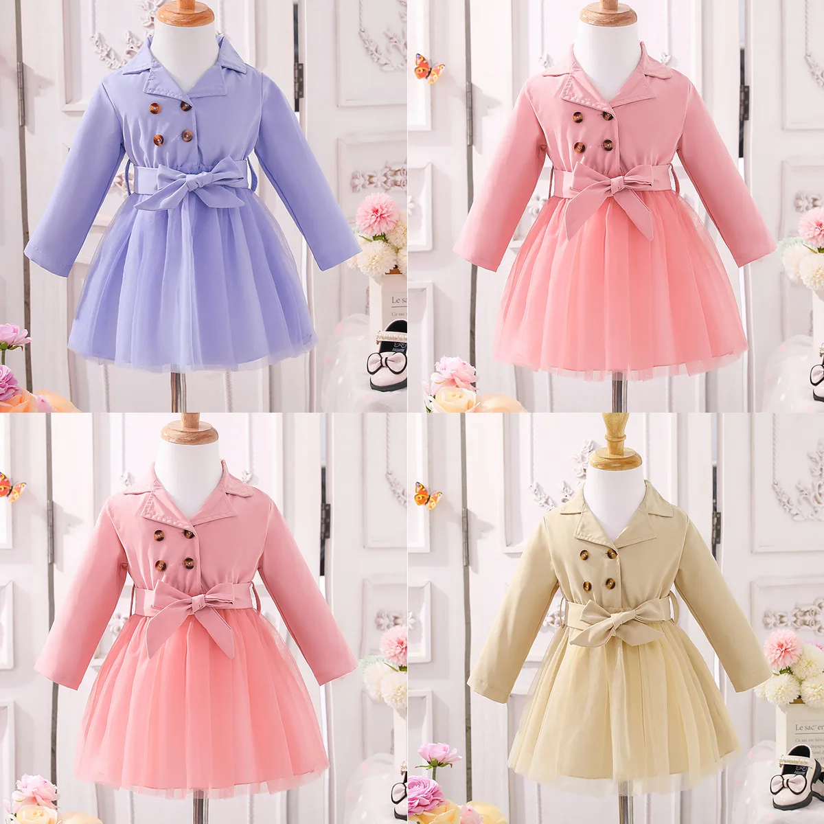 Toddlers Autumn Dress Girl Solid Long Sleeve Clothes Turndown Collar Children Casual Costume Bow Disguise 1-5Years Old