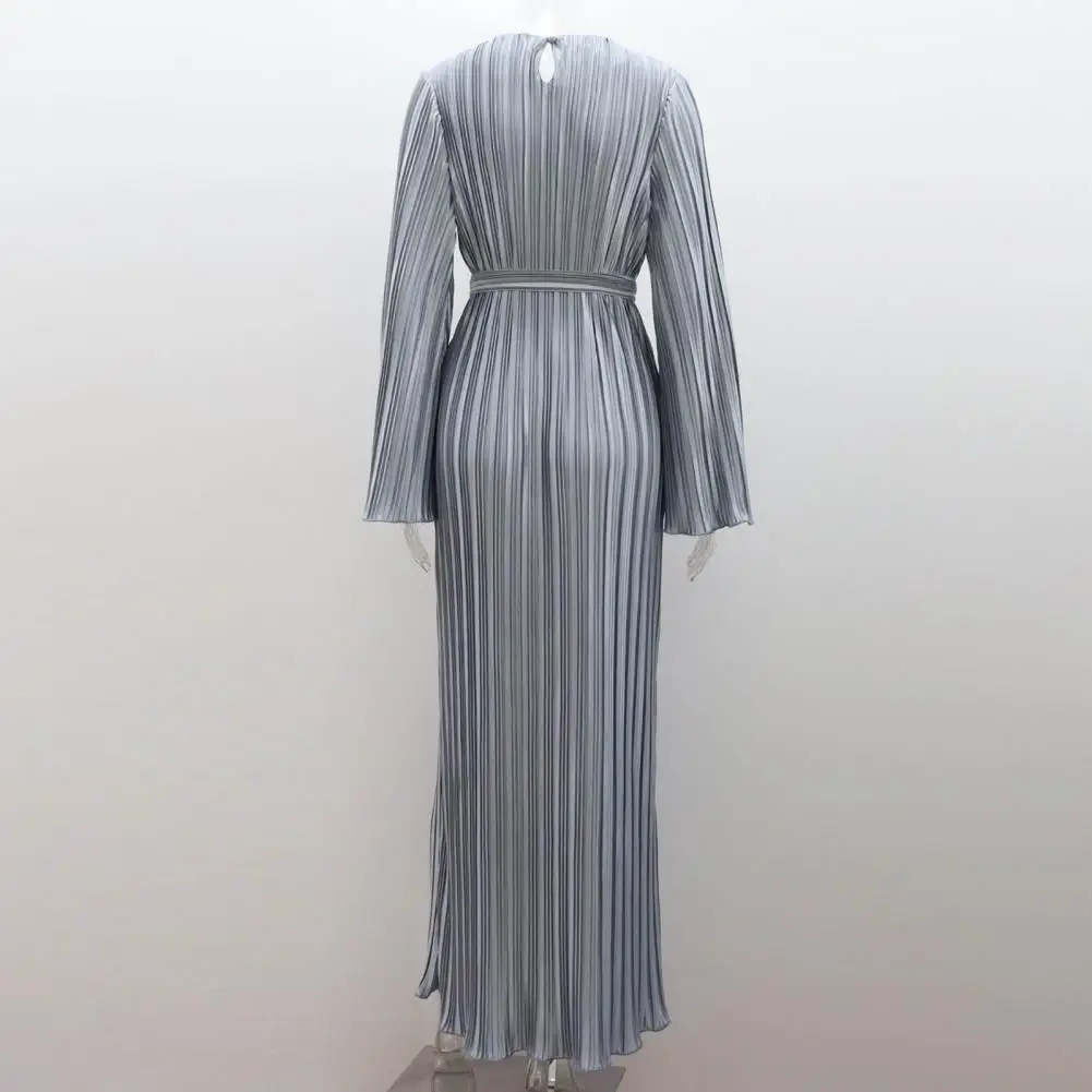 Solid Color Pleated Long Dress Elegant Striped Bell Sleeves Maxi Dress with Lace-up Detail for Women Autumn Spring Prom Party