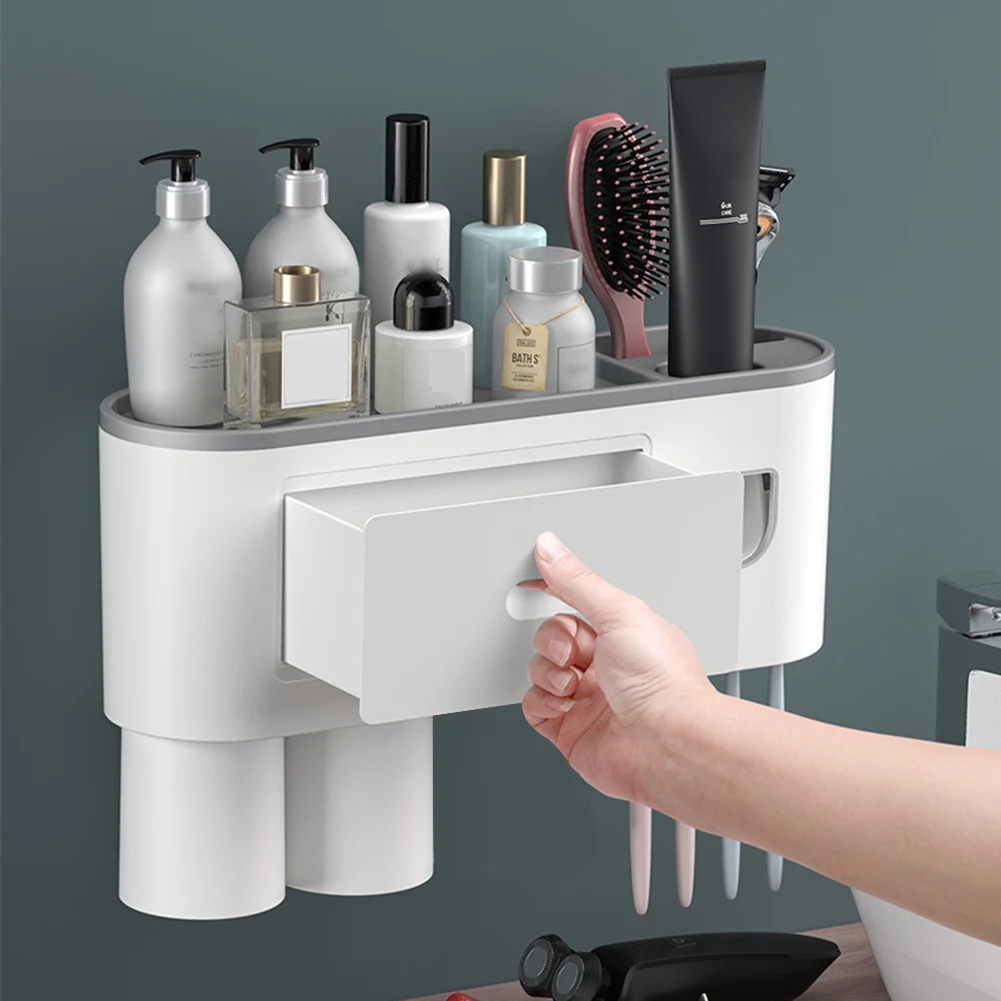 Household Makeup Holder Shelf with 1 Cosmetic Drawer Organizer Cosmetic Storage Rack with 1/2 Cups Creative Bathroom Accessories