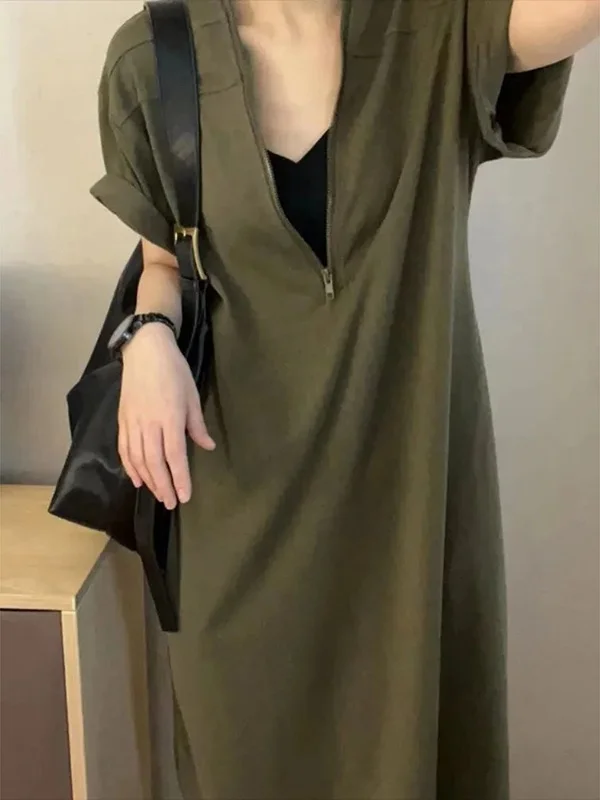 Rétro Hepburn Sle T-shirt coupe ample Dr été nouvelle grande taille 300 Pou fermeture éclair a-ligne Dr coréen taille haute V-Ne Long...