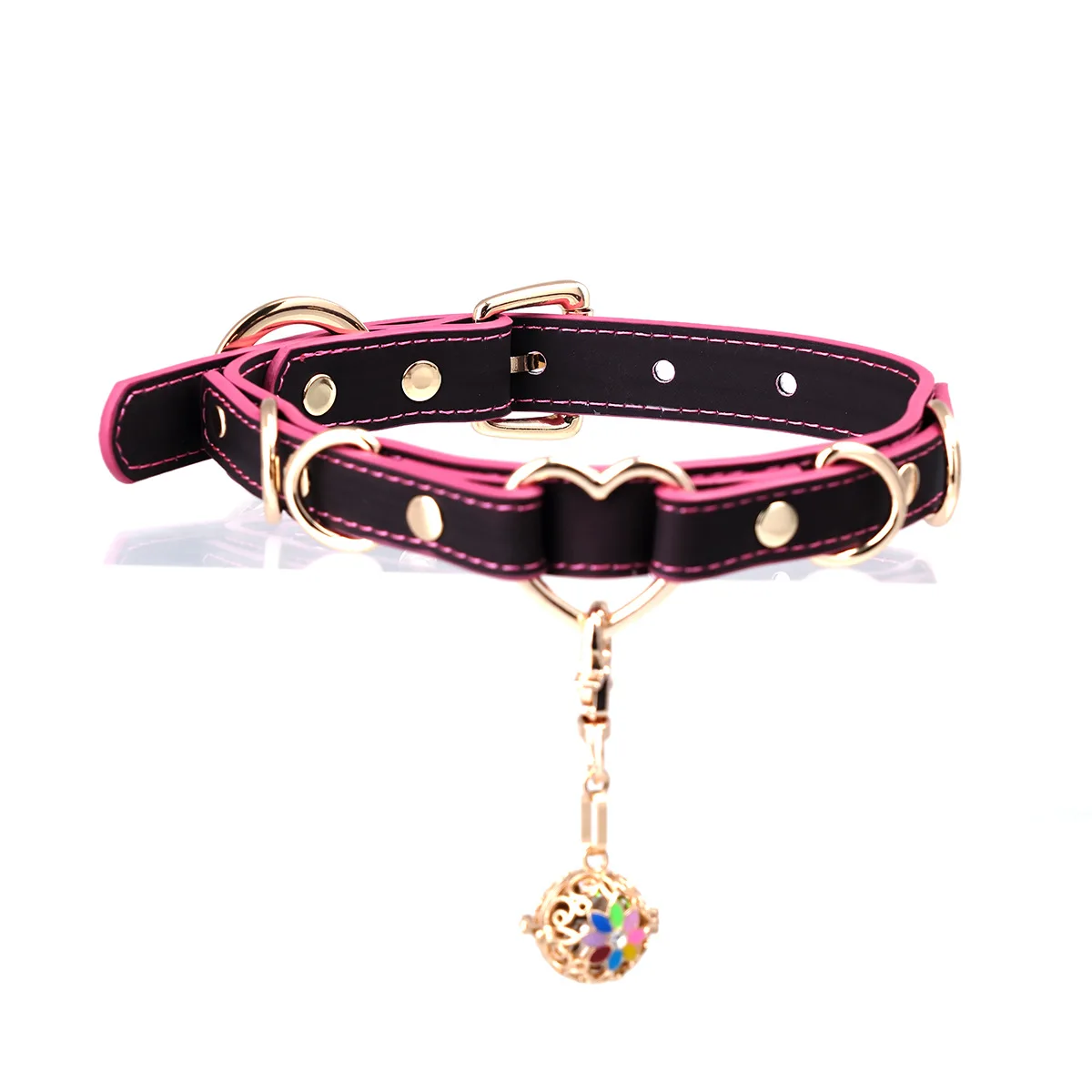 

Adult Games Punk Temperature Color Changing Sweetheart Choker Necklace, Pink & Black Faux Leather Collar with Gold Heart Ring