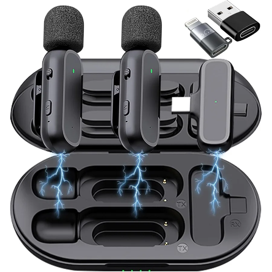 

2 Pack Professional Wireless Lavalier Microphone for iPhone iPad Android with Charging Case Noise Reduction PlugPlay Clip on La