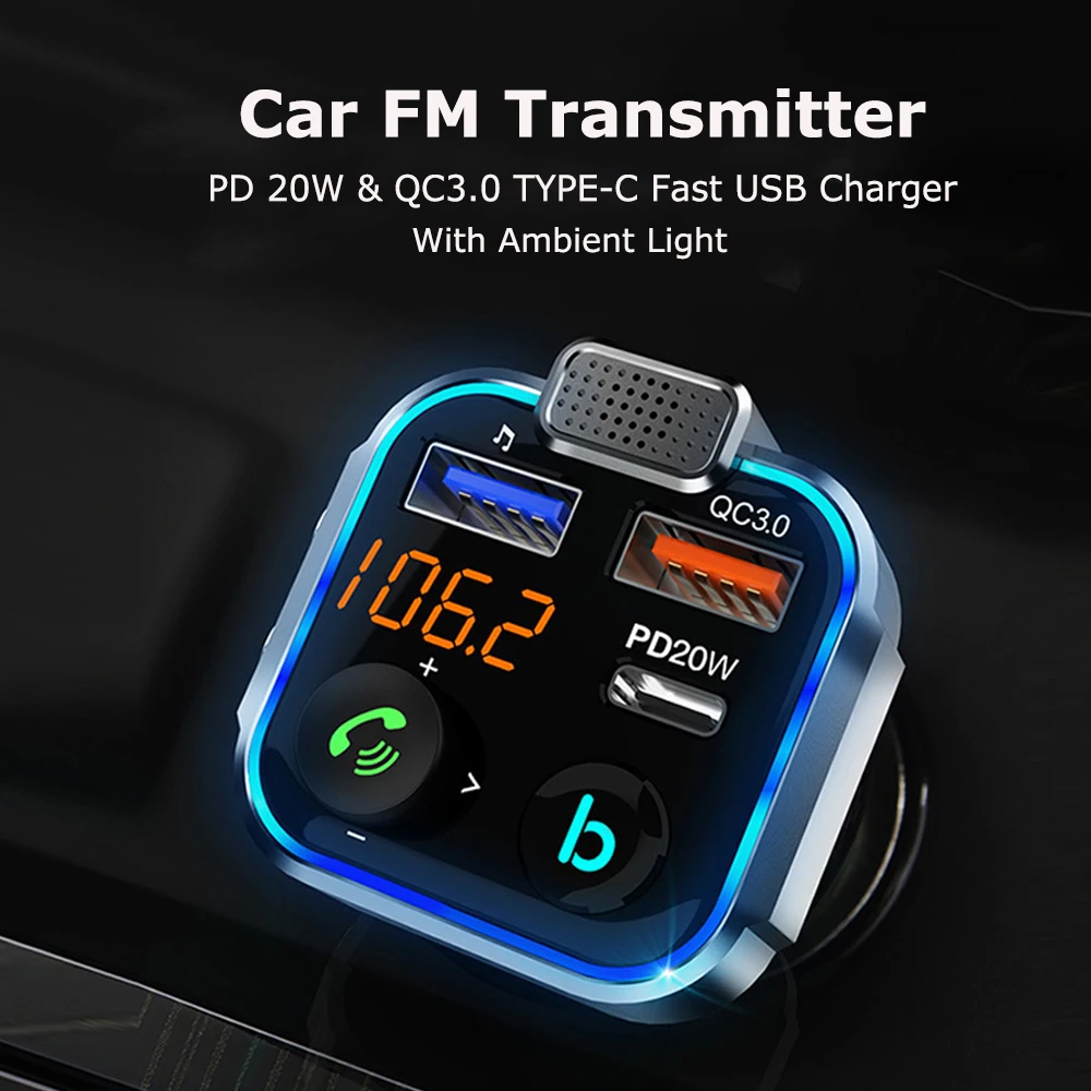 Bluetooth 5.0 Car FM Transmitter Handsfree Radio Handsfree MP3 Player Car Kit 20W PD QC3.0 Quick Charge Dual USB Charger Adapter