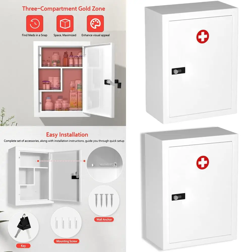 

Большой металлический настенный шкаф для медикаментов с кодовым и ключевым замками - 3-секционное хранилище для дома и ванной комнаты