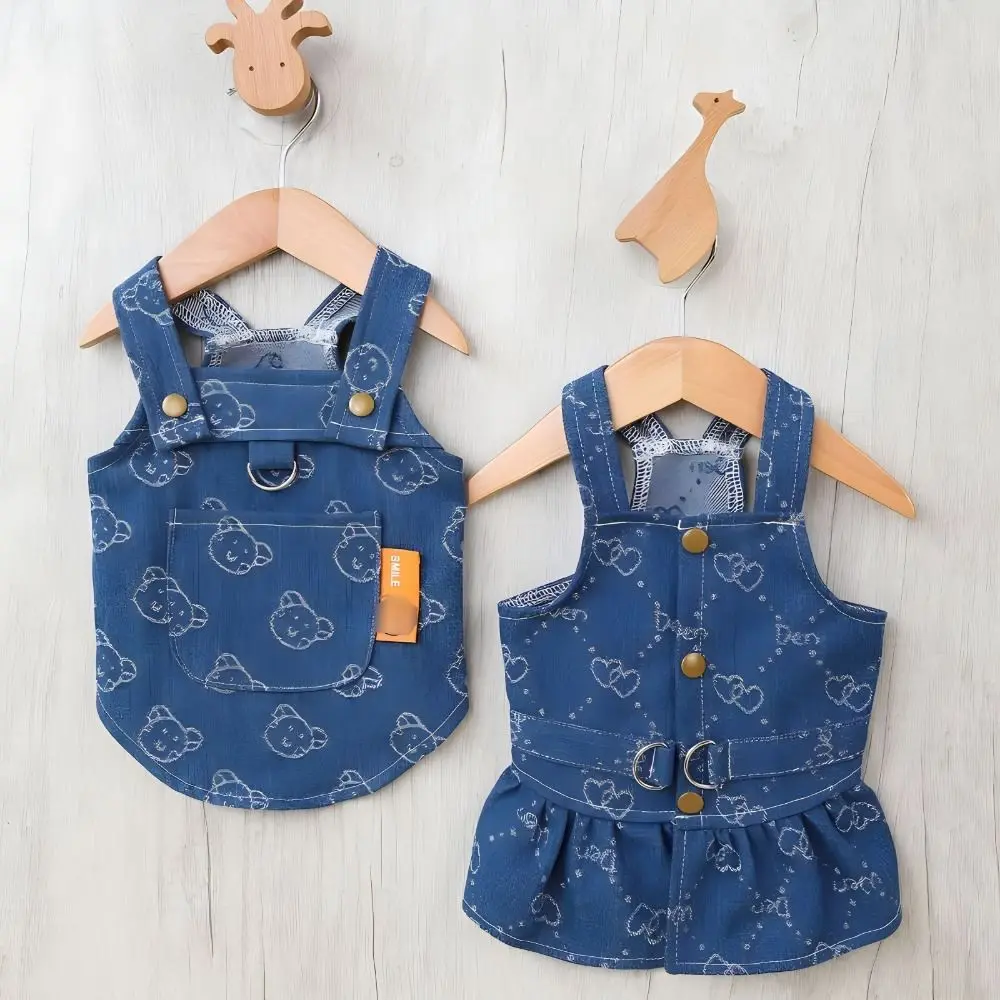 Durável lavável pet amor jeans saia reutilizável bonito animal de estimação denim vestido impresso cão vestido primavera