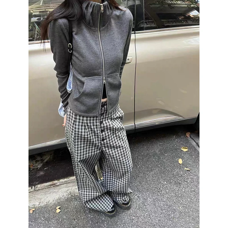 

ZHIZOU Women Baggy Black Y2k Plaid Pants American Vintage 2000s Harajuku Oversize Wide Leg Casual Trousers Clothes Summer 2026