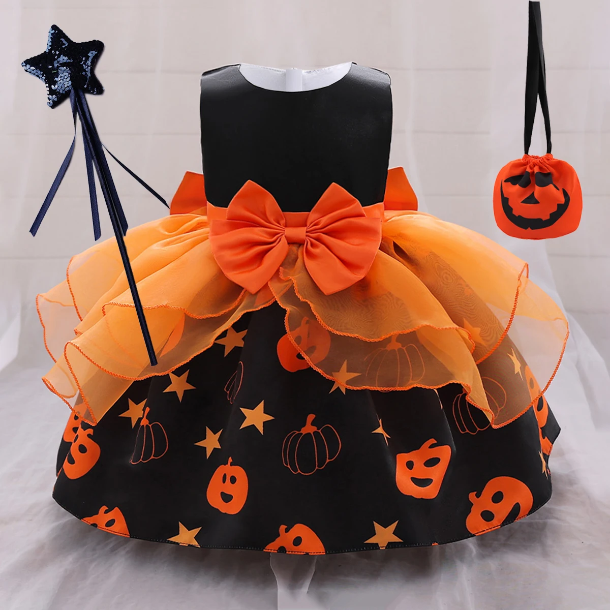 Carnival Pumpkin Halloween Cosplay Costumes for Baby Girls Toddler Gothic Birthday Party Princess Dress Bow Wedding Kids Clothes