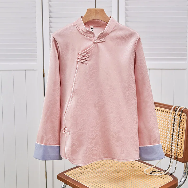 Chinese Style Song Jin Jacquard Jacket Shirt Retro Buckle Pink Top Autumn and Winter Chic Coat For Elegance Women's Clothing