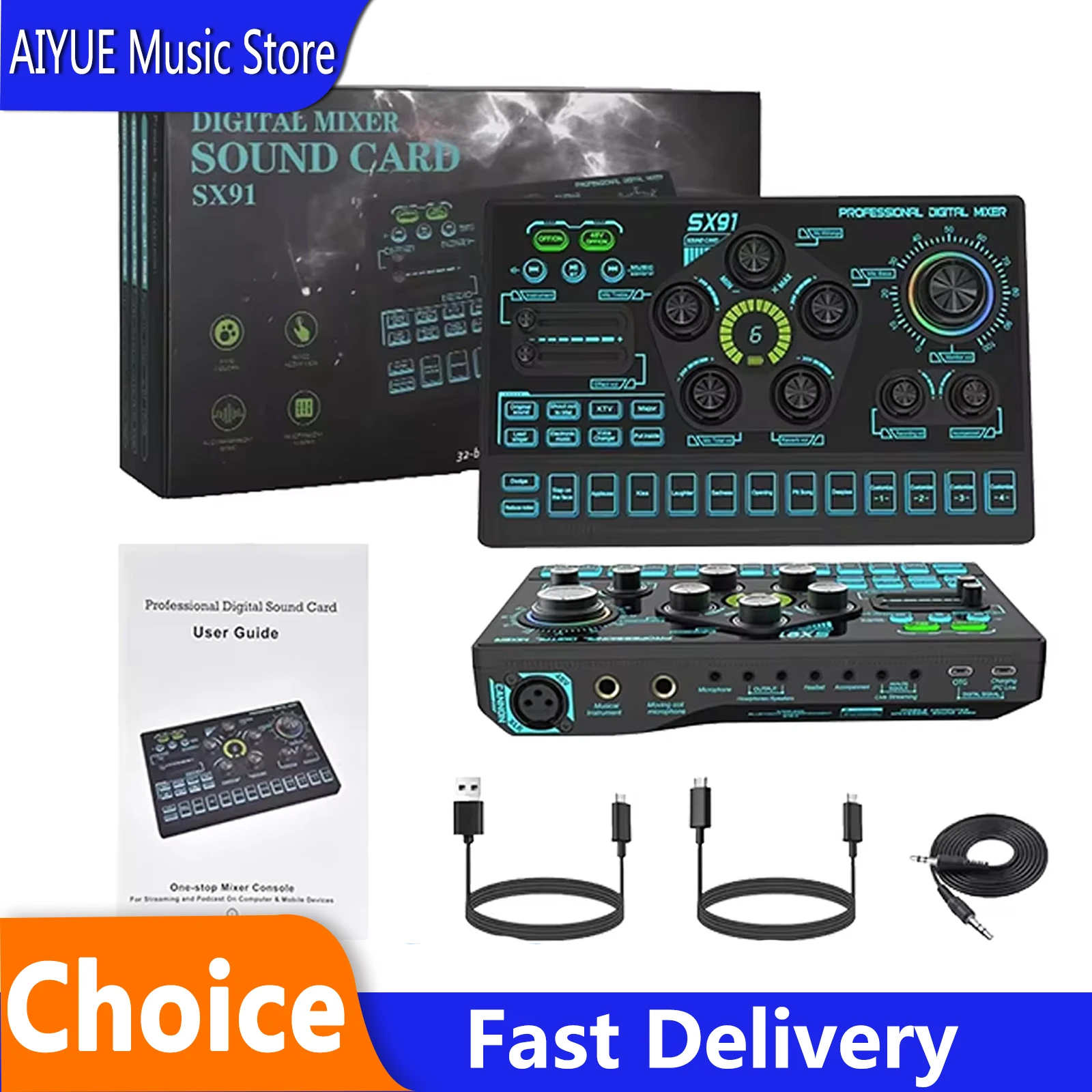 SX91 Audio Mixer Sound Card with Voice Changer Podcast Mixer Sound Card For Karaoke Phone Gaming Live Studio Streaming Podcasts
