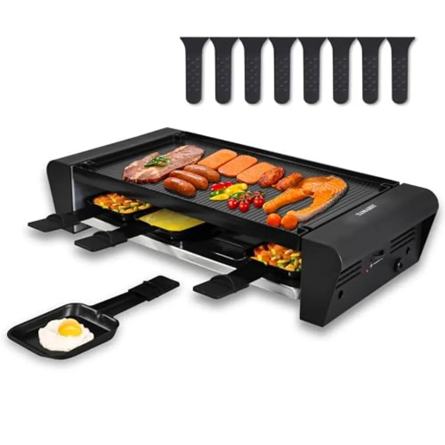 

Raclette Table Grill for 8 2 in 1 Small Swiss Style PFAS-No Nonstick Reversible Grill/Griddle Plate Adjustable Temperature Cont