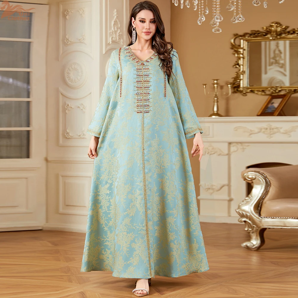 

Women Muslim Maxi Dress Beaded Abaya Dubai Kaftan Eid Djellaba Ramadan Islam Clothing Kebaya Caftan Marocain Femme Robe Jalabiya