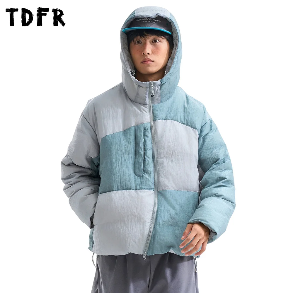 

Color Block Hooded Down Jacket Mens Winter Safari Style Drawstring Hem Long Sleeve Thick Warm Padded Jacket Man