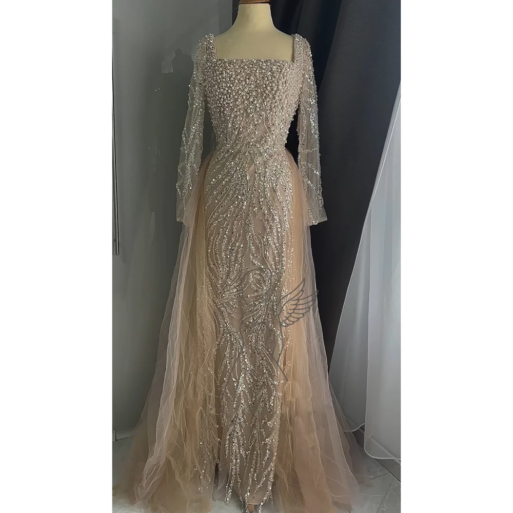 Alinovia vestido de noite sereia com pérolas, manga longa, para mulheres, com trem destacável, 2025, formal, baile, festa de casamento, personalizado