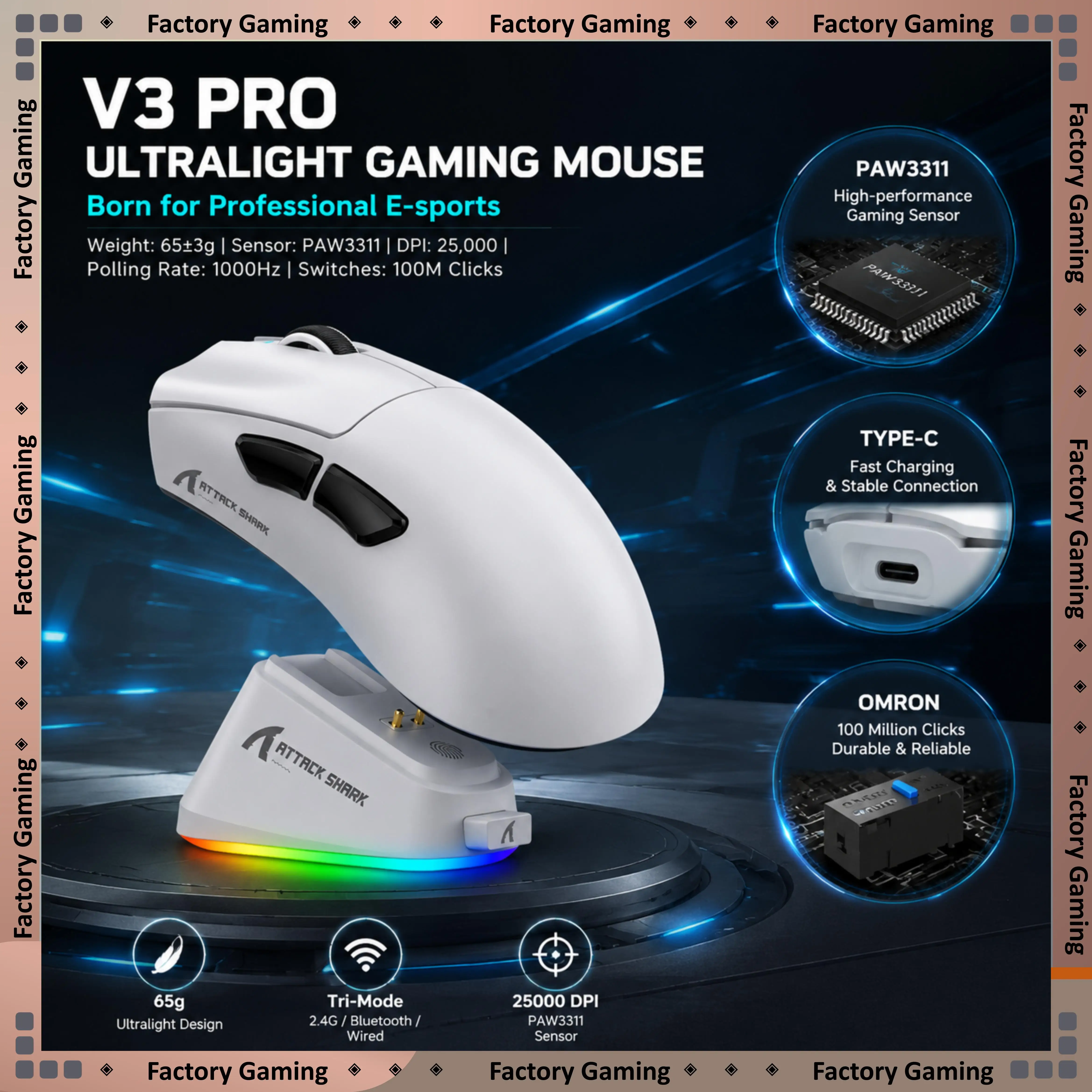 

Attack Shark V3 PRO Portable Gaming Mouse 400IPS 40G Acceleration OMRON 100M Switch Type-C Rechargeable Mouse