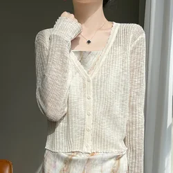 Spring/Summer Women's Cardigan Casual Solid Knitted Sweater V-neck Sunscreen Shirt Short Single breasted Ladies Top Thin Blouse