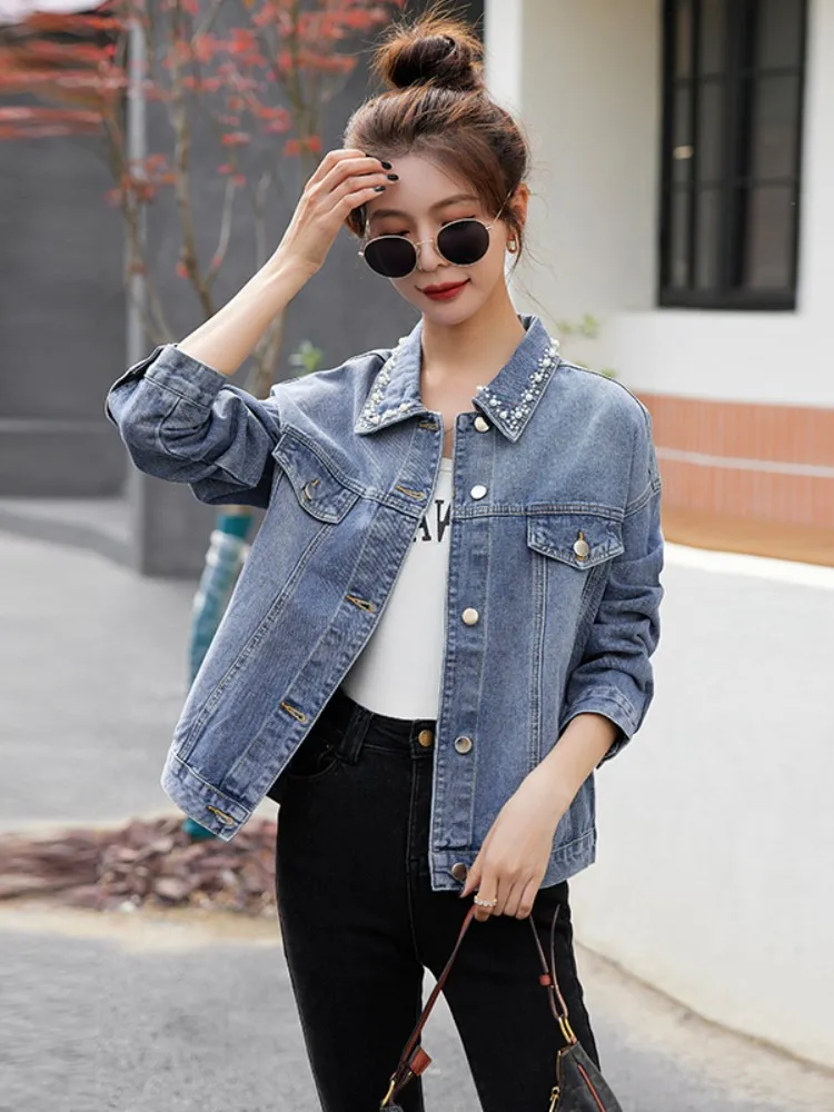 Fashionable Short Denim Jacket Women's Spring New Korean Version Glittering Pearl Embellished Casual Stylish Top Coat