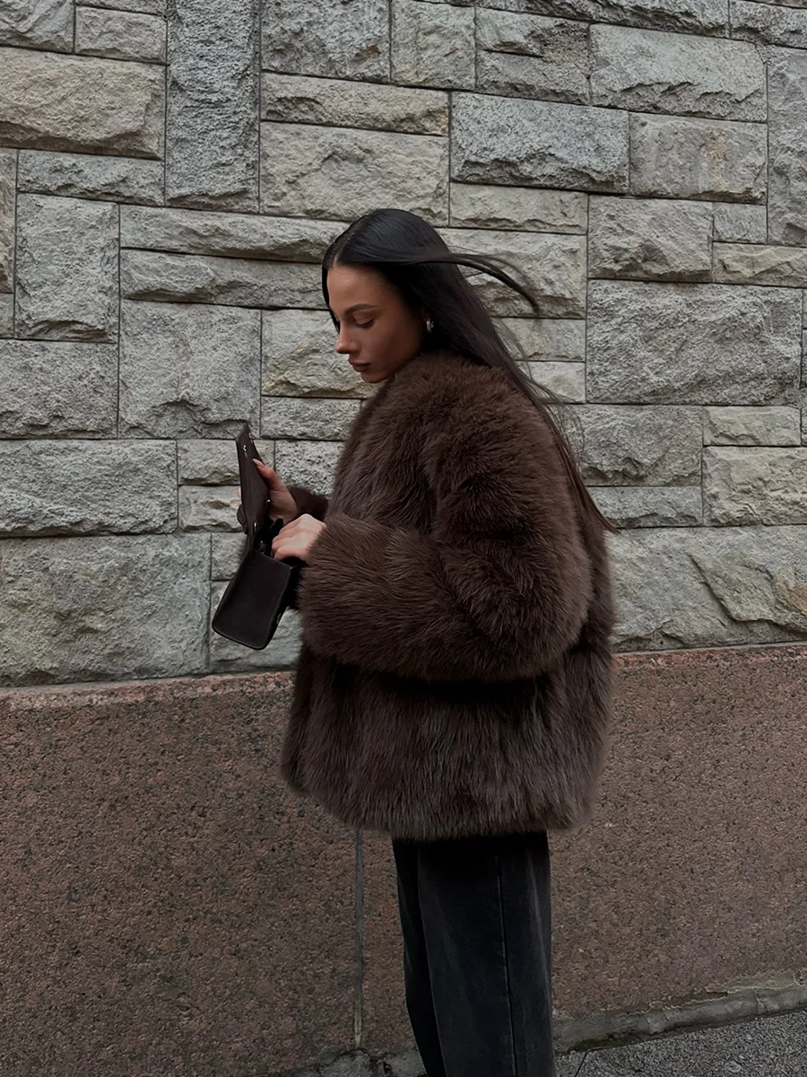 Vintage Brownie Women Faux Fox Fur Coat Cropped Shaggy Cloth Fashion 2025 Winter Warm Fluffy Jacket Iconic Stunning Vibe Outfit