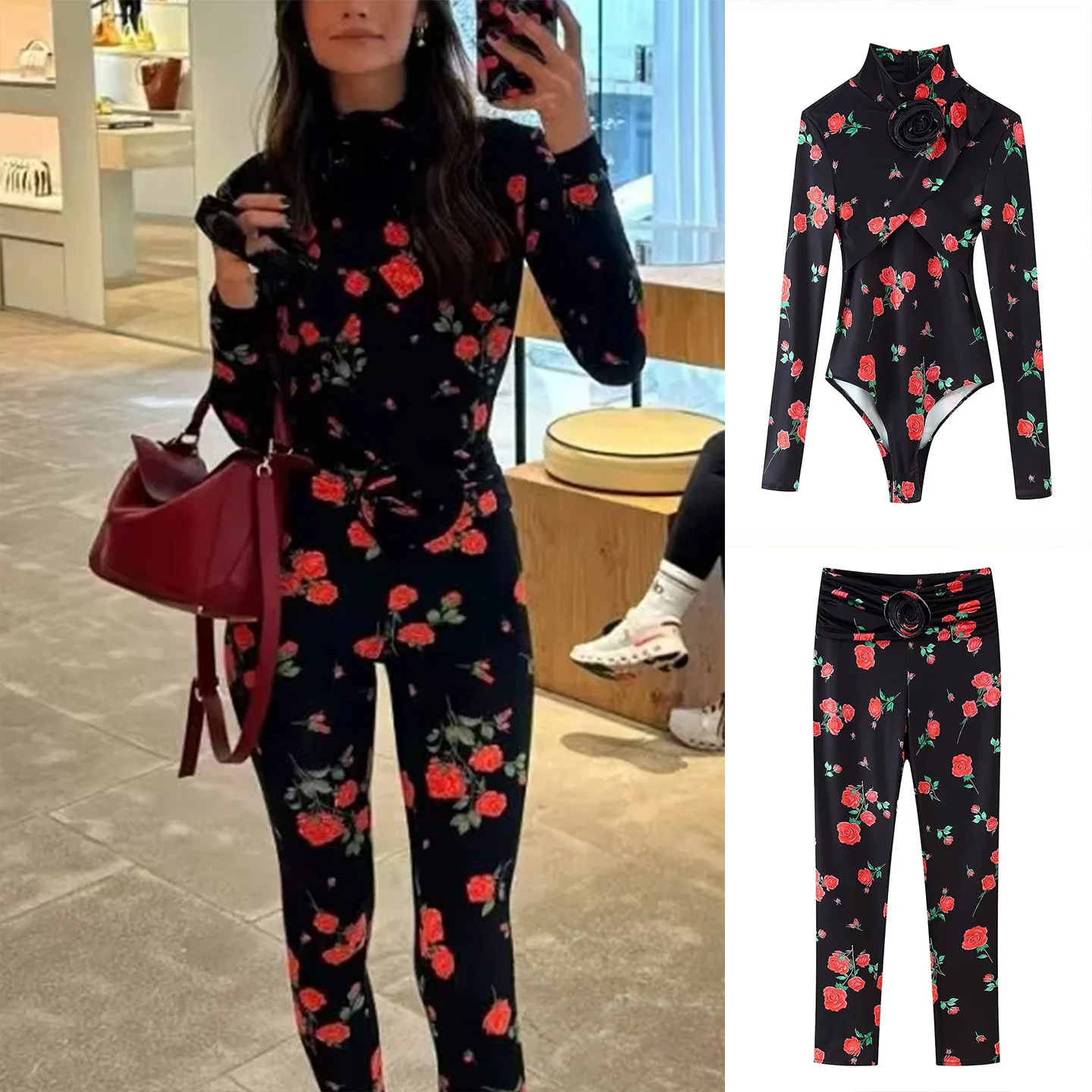 

Summer New Women's Faion Suit Floral Decoration Print Bodysuit with Tight Long Pants Tee-Dimensional Design Long Sve